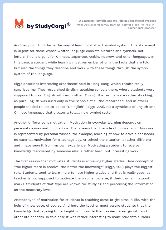 A Learning Portfolio and Its Role in Educational Process. Page 2