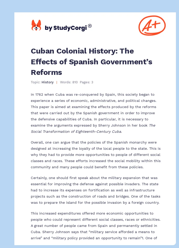 Cuban Colonial History: The Effects of Spanish Government’s Reforms. Page 1