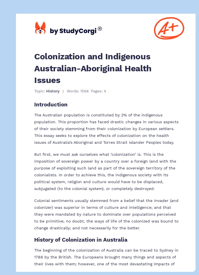 Colonization and Indigenous Australian-Aboriginal Health Issues. Page 1