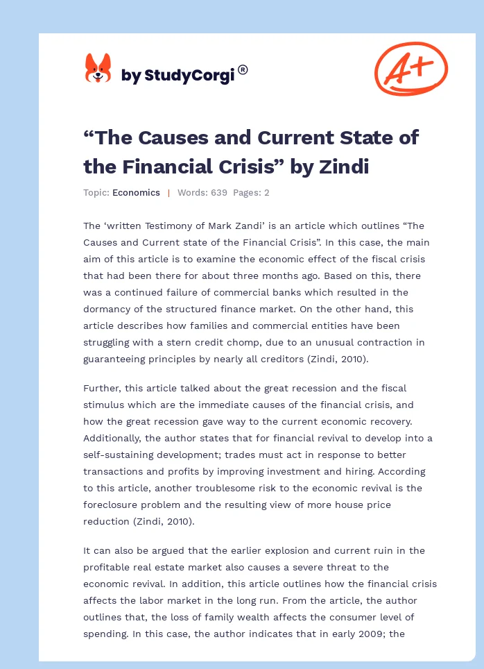 “The Causes and Current State of the Financial Crisis” by Zindi. Page 1