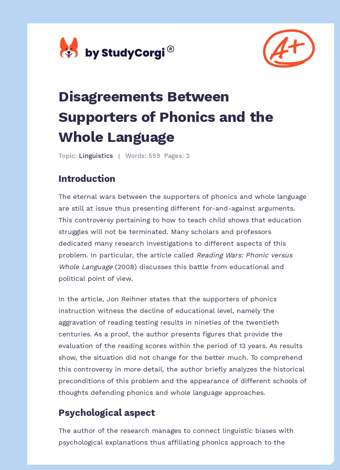 Disagreements Between Supporters of Phonics and the Whole Language. Page 1