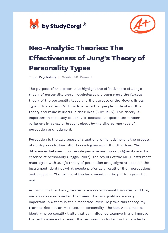 Neo-Analytic Theories: The Effectiveness of Jung's Theory of Personality Types. Page 1