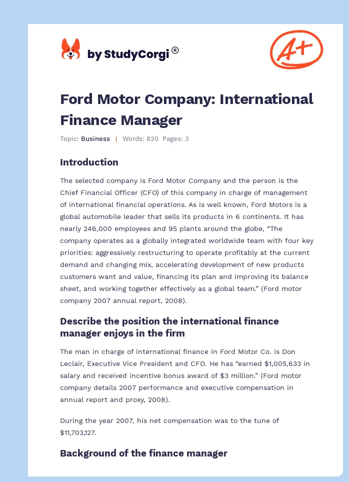 Ford Motor Company: International Finance Manager. Page 1