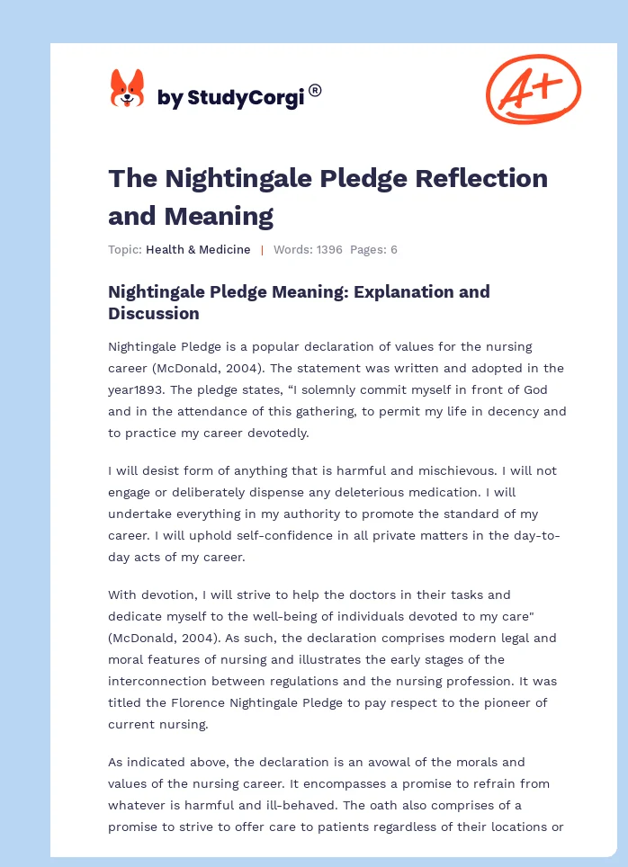 The Nightingale Pledge Reflection and Meaning. Page 1