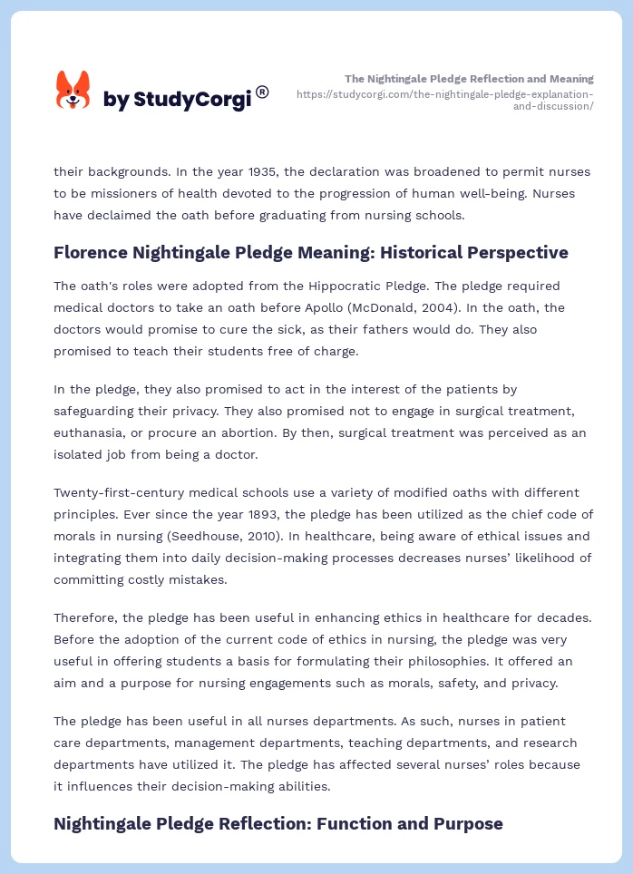 The Nightingale Pledge Reflection and Meaning. Page 2