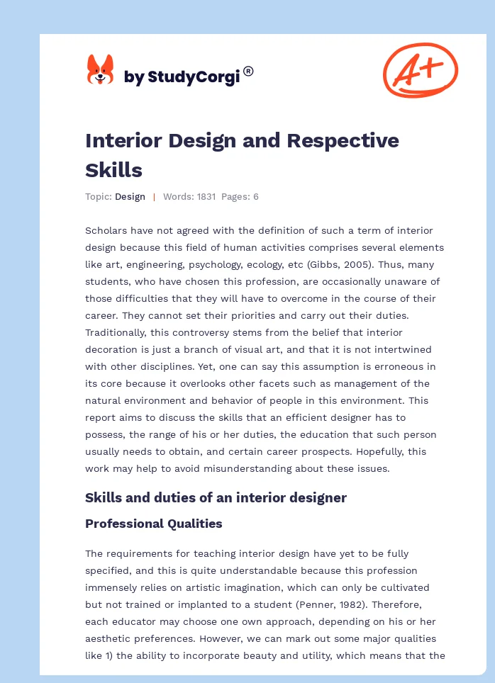 Interior Design and Respective Skills. Page 1