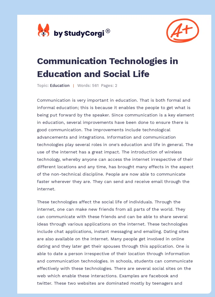 Communication Technologies in Education and Social Life. Page 1