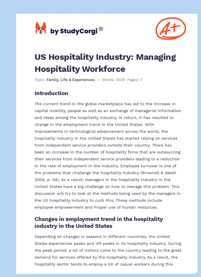 US Hospitality Industry: Managing Hospitality Workforce. Page 1