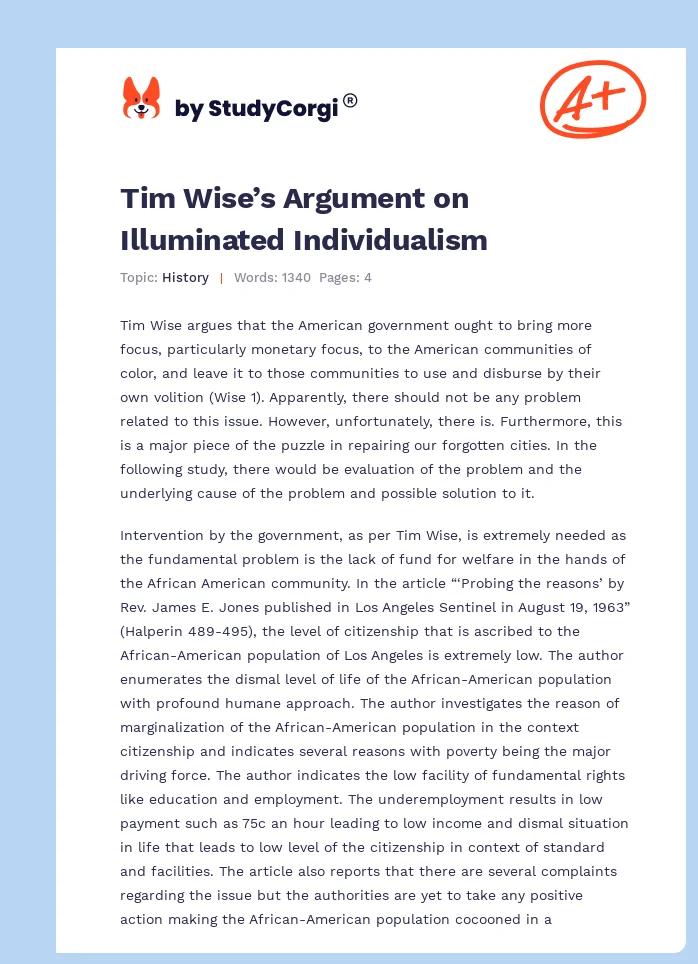 Tim Wise’s Argument on Illuminated Individualism. Page 1