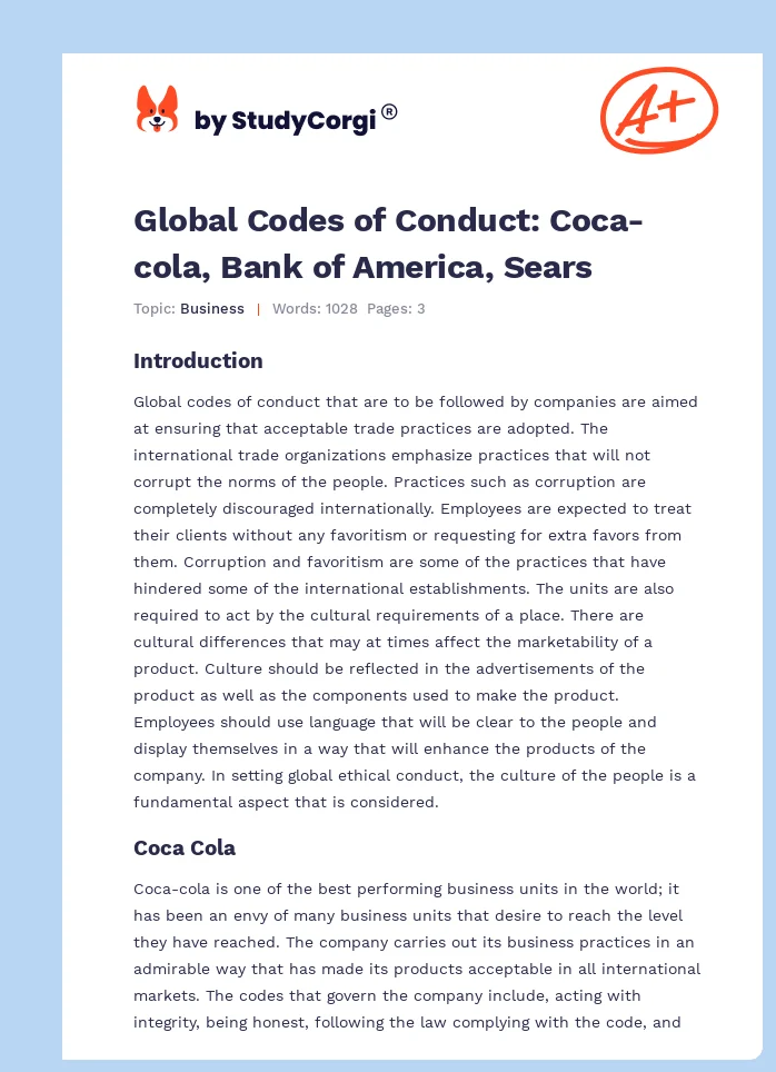 Global Codes of Conduct: Coca-cola, Bank of America, Sears. Page 1