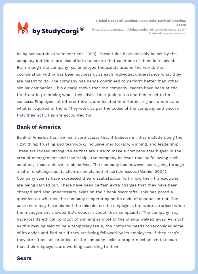 Global Codes of Conduct: Coca-cola, Bank of America, Sears. Page 2