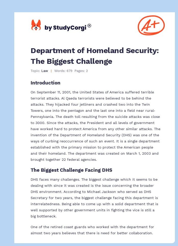 Department of Homeland Security: The Biggest Challenge. Page 1