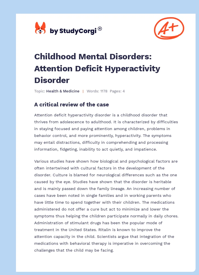 Childhood Mental Disorders: Attention Deficit Hyperactivity Disorder. Page 1