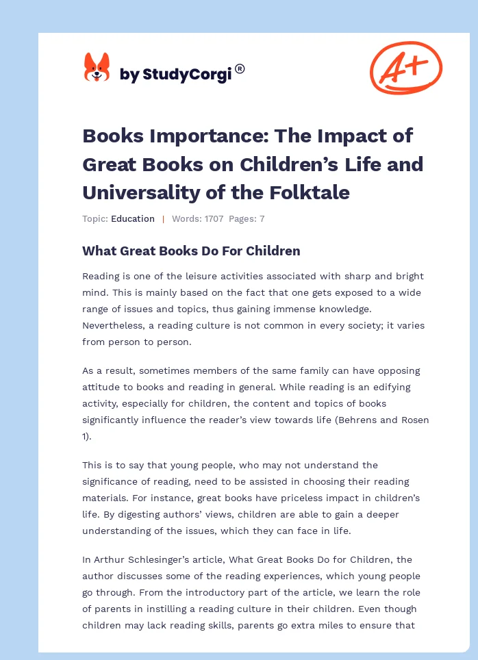 Books Importance: The Impact of Great Books on Children’s Life and Universality of the Folktale. Page 1