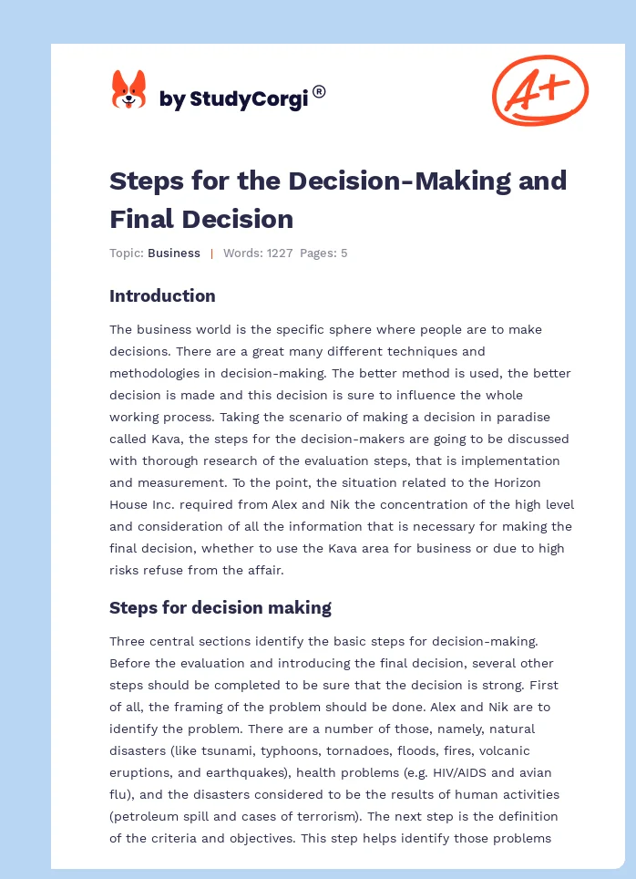 Steps for the Decision-Making and Final Decision. Page 1
