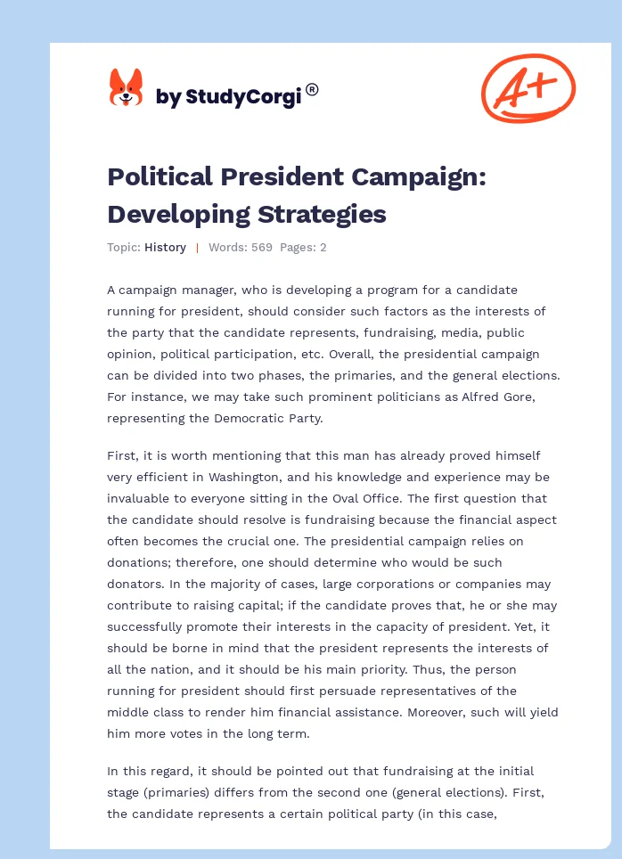 Political President Campaign: Developing Strategies. Page 1