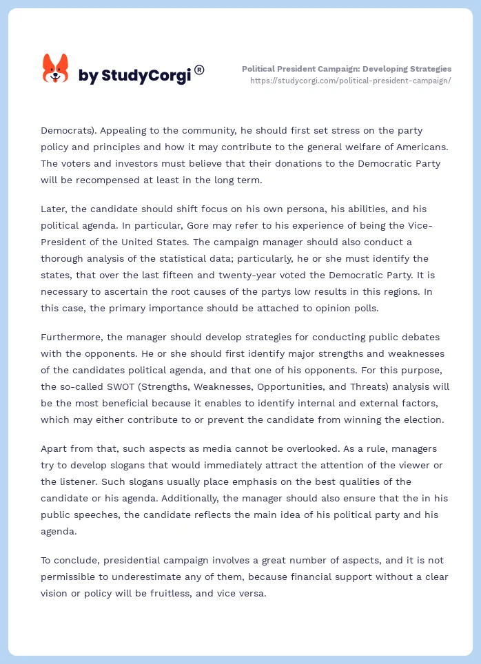 Political President Campaign: Developing Strategies. Page 2