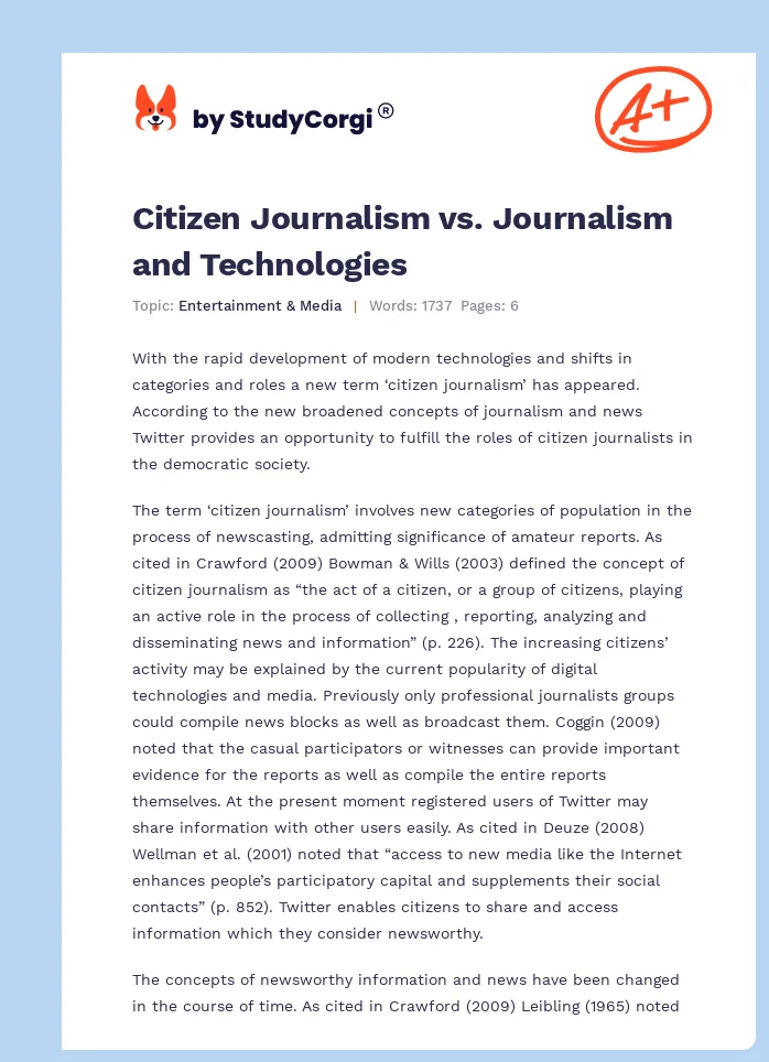 Citizen Journalism vs. Journalism and Technologies. Page 1