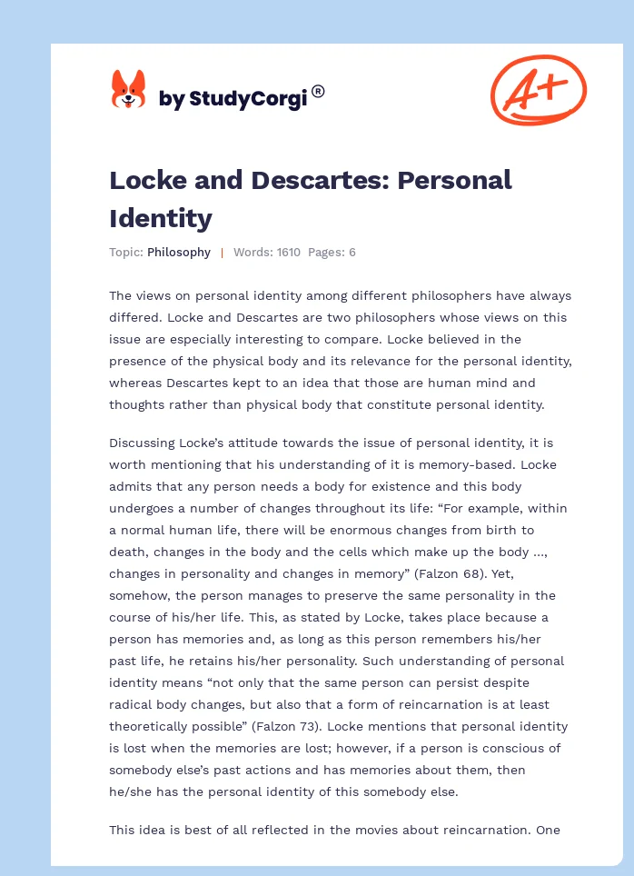 Locke and Descartes: Personal Identity. Page 1