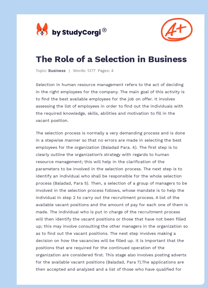 The Role of a Selection in Business. Page 1