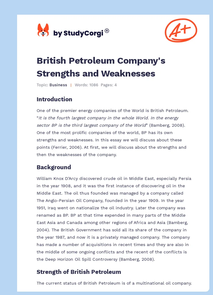 British Petroleum Company's Strengths and Weaknesses. Page 1