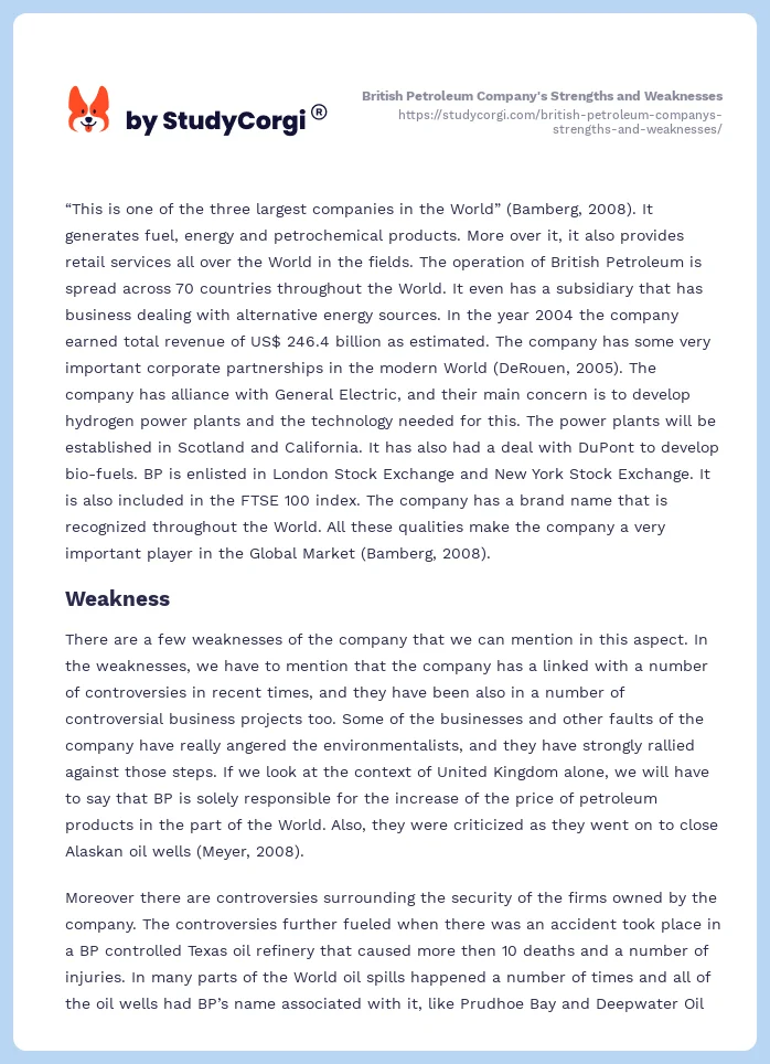 British Petroleum Company's Strengths and Weaknesses. Page 2