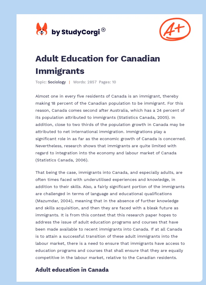 Adult Education for Canadian Immigrants. Page 1