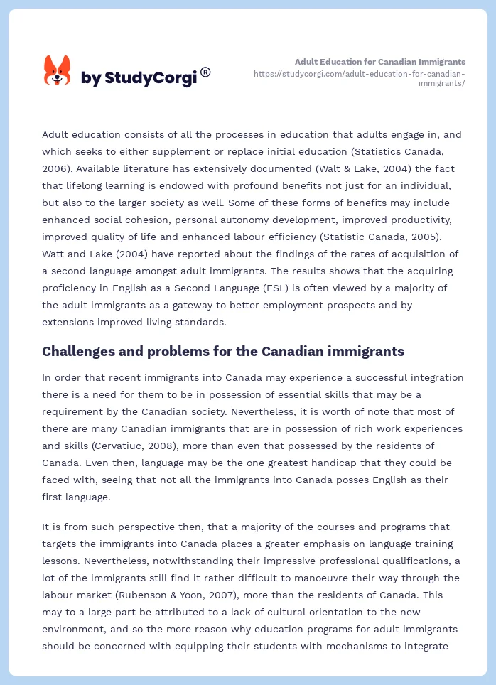 Adult Education for Canadian Immigrants. Page 2