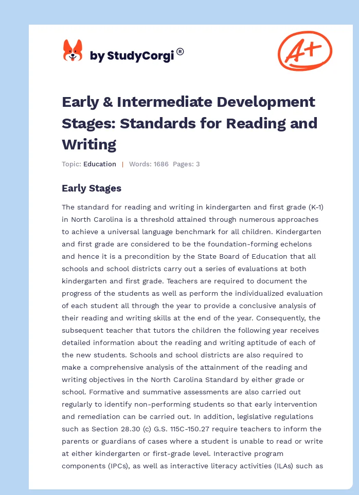Early & Intermediate Development Stages: Standards for Reading and Writing. Page 1