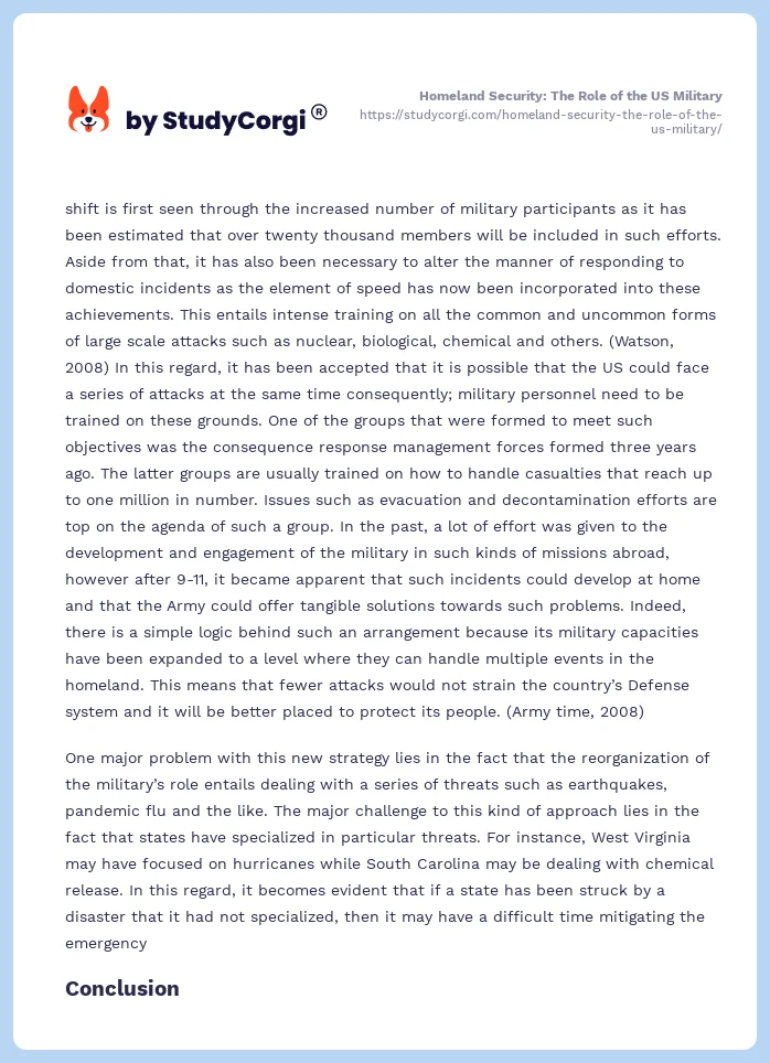 Homeland Security: The Role of the US Military. Page 2