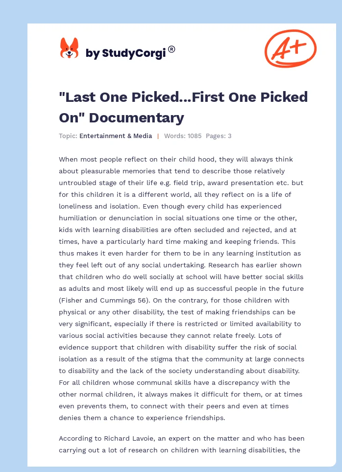 "Last One Picked...First One Picked On" Documentary. Page 1