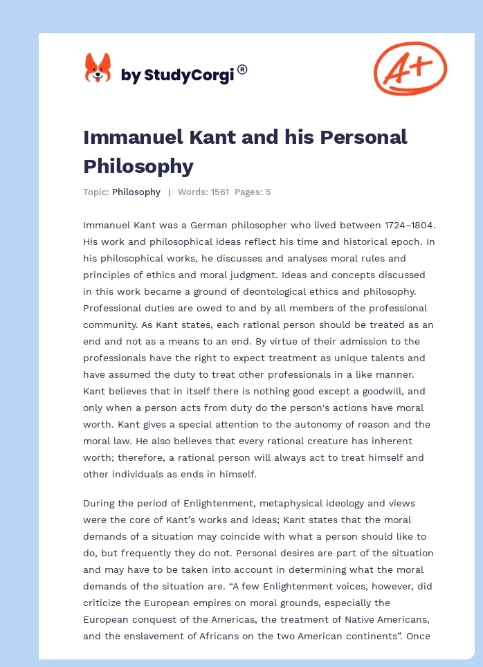 Immanuel Kant and his Personal Philosophy. Page 1