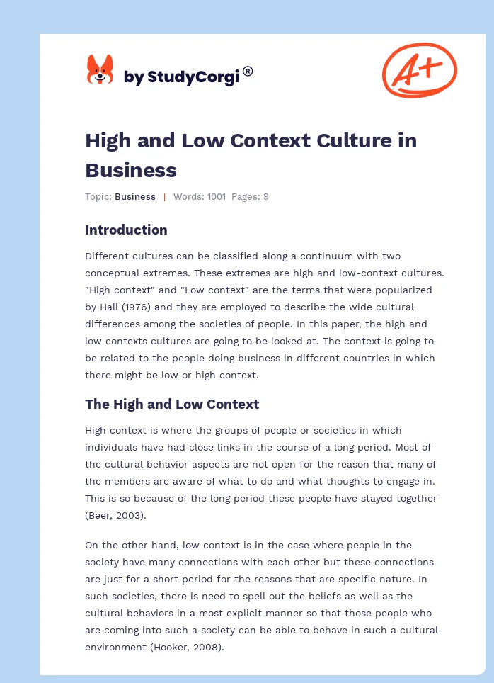 High and Low Context Culture in Business. Page 1