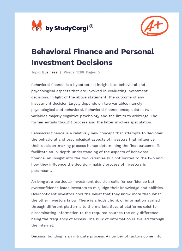 Behavioral Finance and Personal Investment Decisions. Page 1