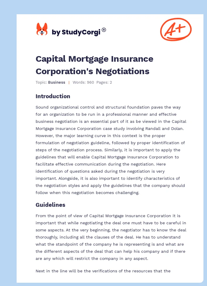 Capital Mortgage Insurance Corporation's Negotiations. Page 1