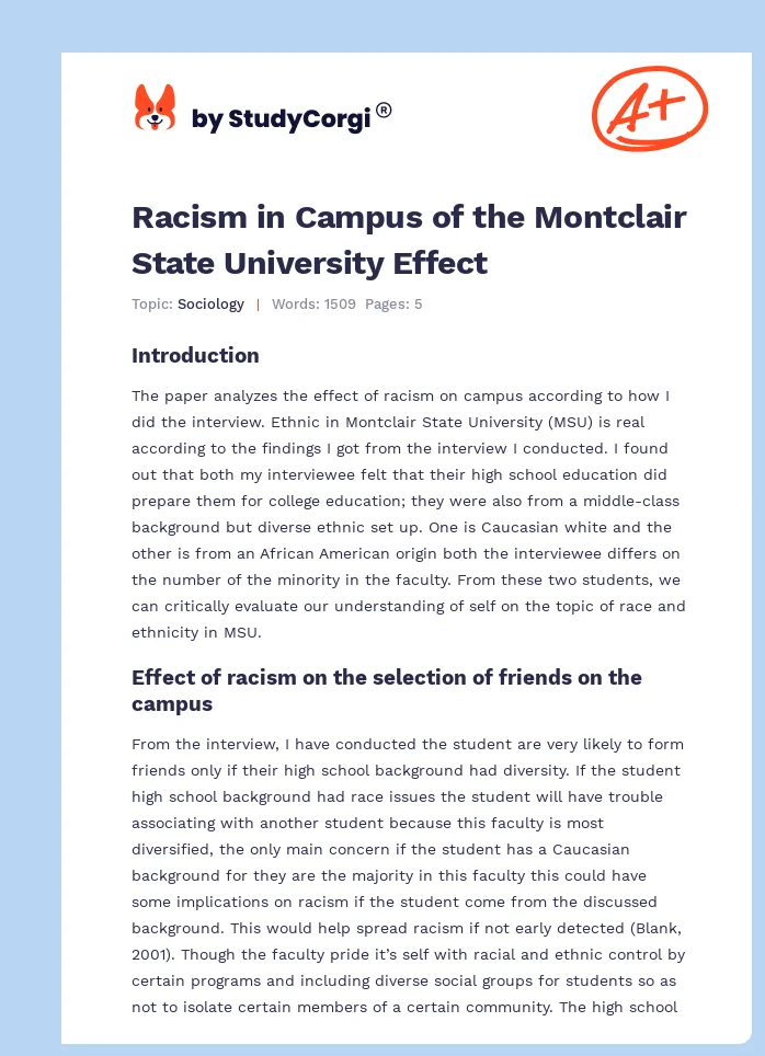 Racism in Campus of the Montclair State University Effect. Page 1