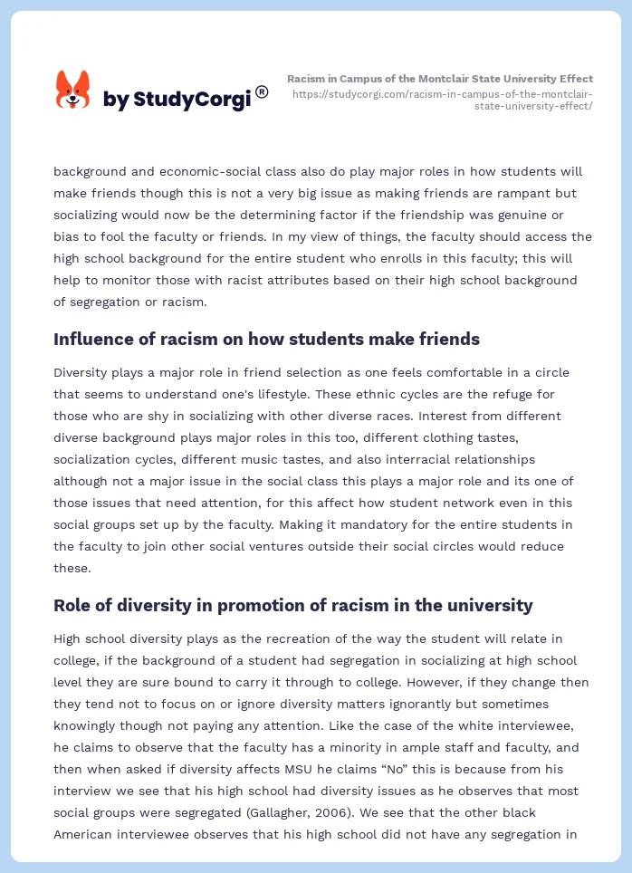Racism in Campus of the Montclair State University Effect. Page 2