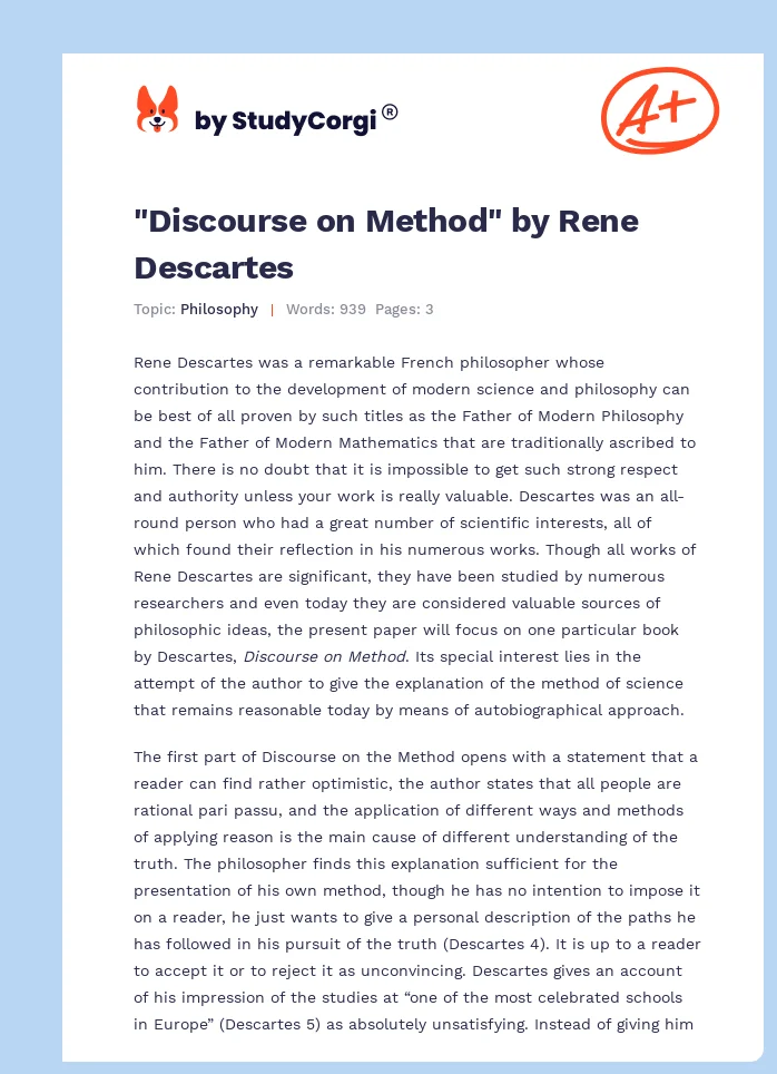 "Discourse on Method" by Rene Descartes. Page 1