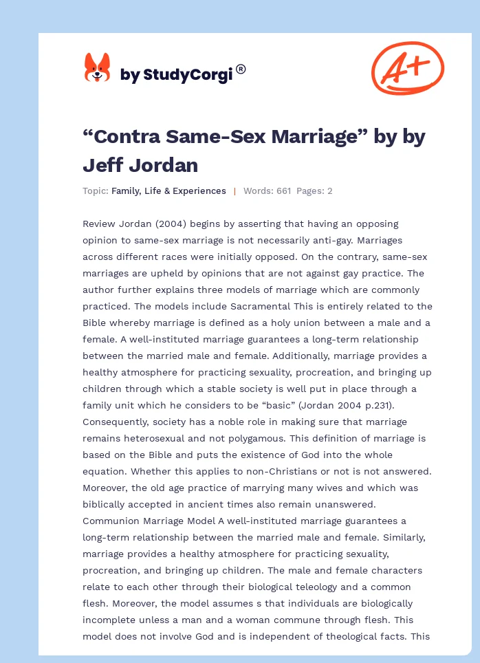 “Contra Same-Sex Marriage” by by Jeff Jordan. Page 1