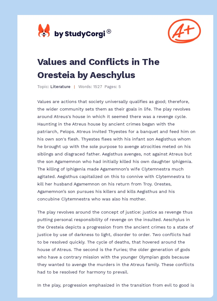 Values and Conflicts in The Oresteia by Aeschylus. Page 1