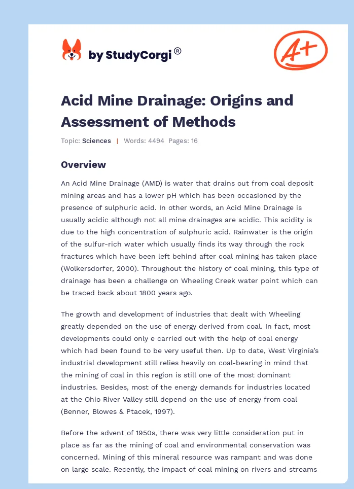 Acid Mine Drainage: Origins and Assessment of Methods. Page 1