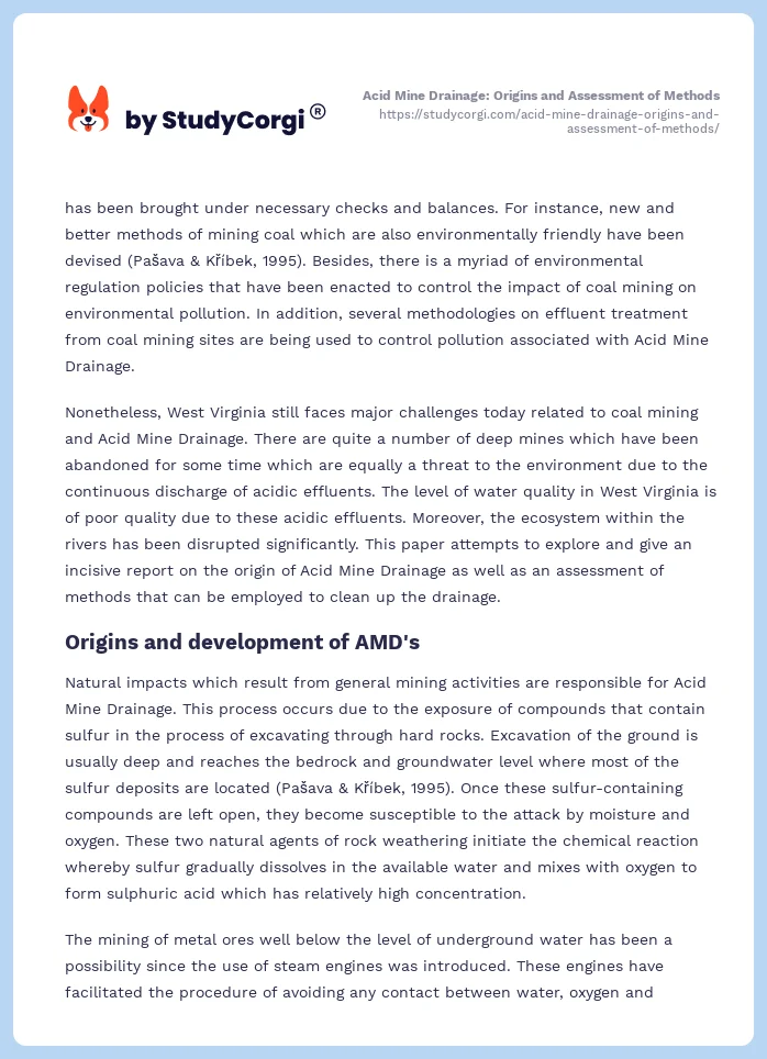 Acid Mine Drainage: Origins and Assessment of Methods. Page 2