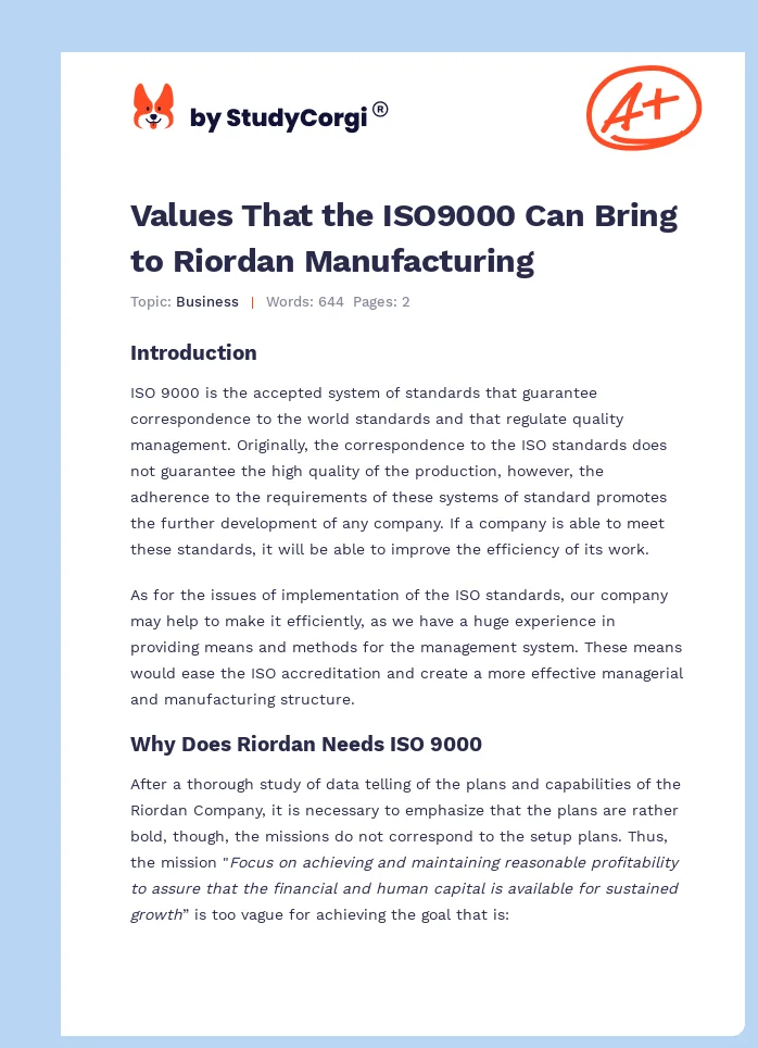 Values That the ISO9000 Can Bring to Riordan Manufacturing. Page 1