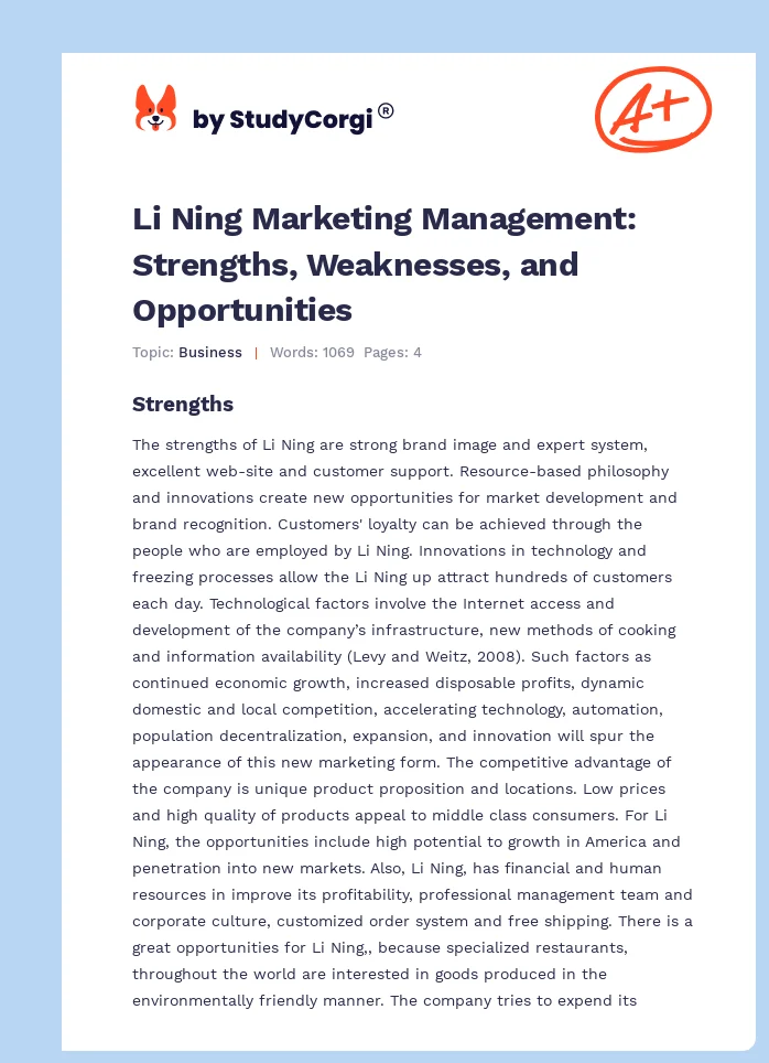 Li Ning Marketing Management: Strengths, Weaknesses, and Opportunities. Page 1