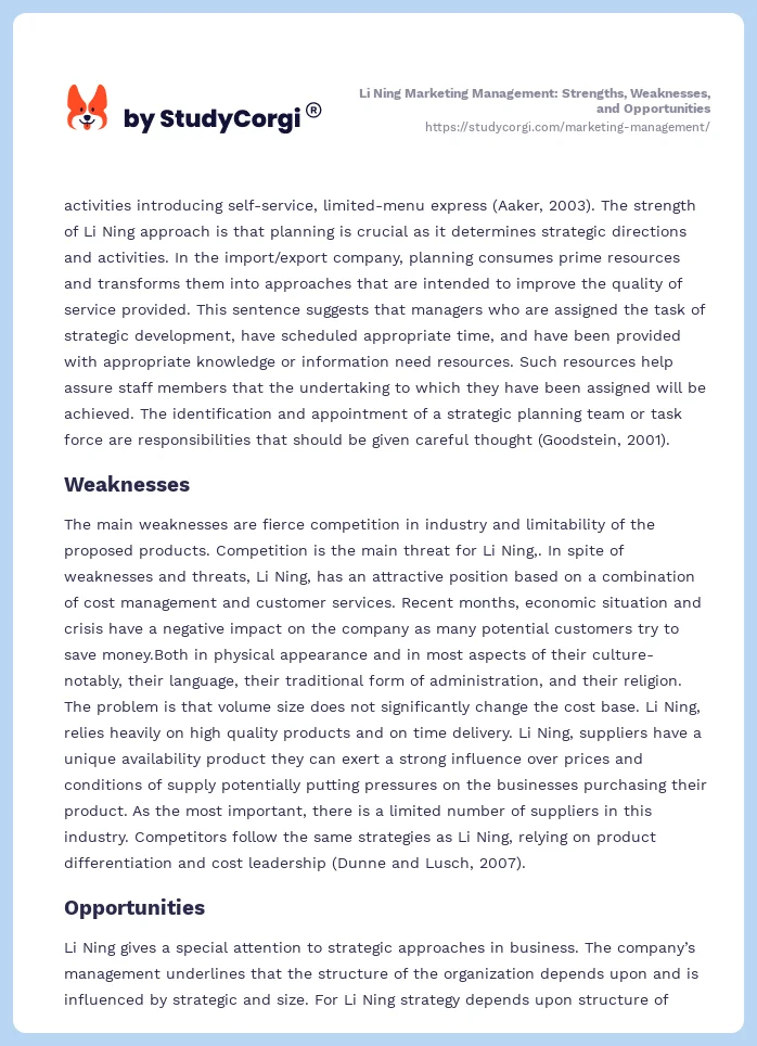 Li Ning Marketing Management: Strengths, Weaknesses, and Opportunities. Page 2