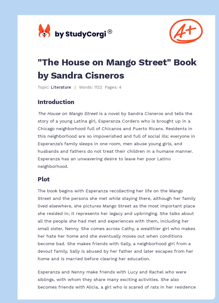 "The House on Mango Street" Book by Sandra Cisneros. Page 1