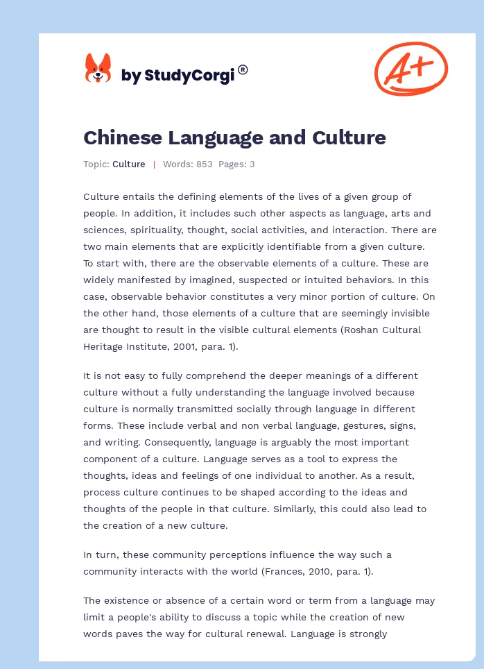 Chinese Language and Culture. Page 1