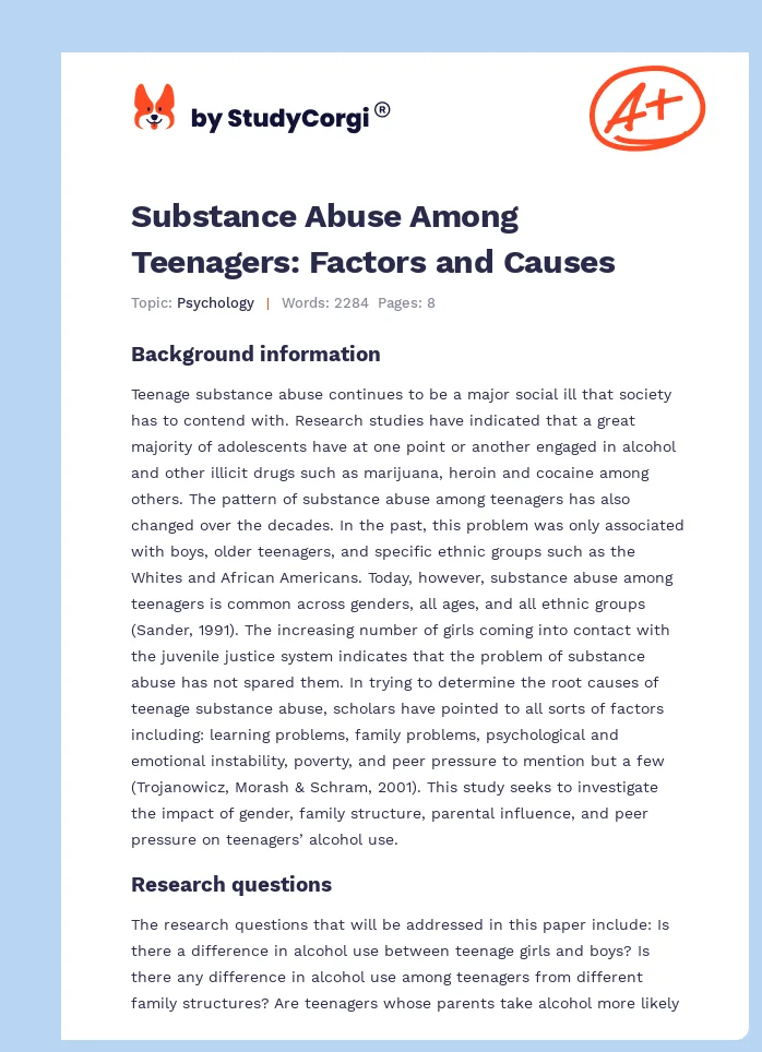 Substance Abuse Among Teenagers: Factors and Causes. Page 1