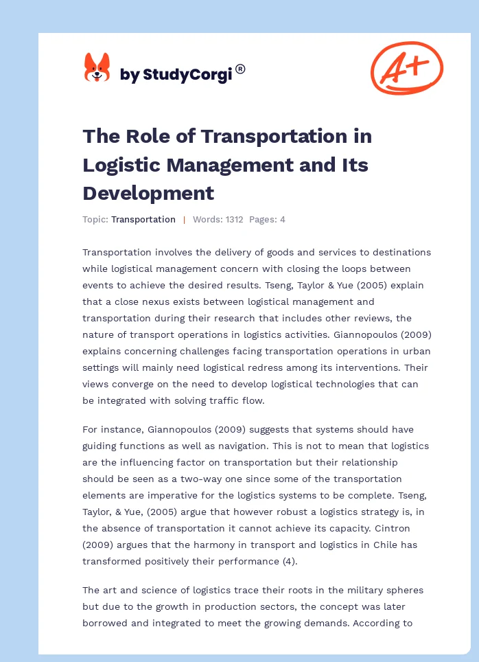 The Role of Transportation in Logistic Management and Its Development. Page 1