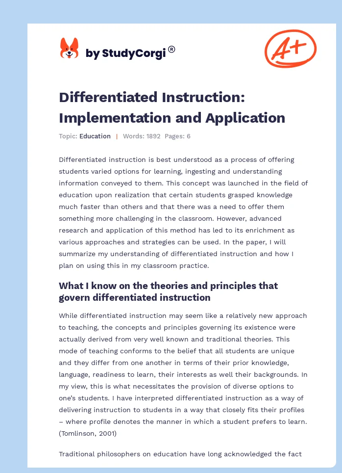 Differentiated Instruction: Implementation and Application. Page 1